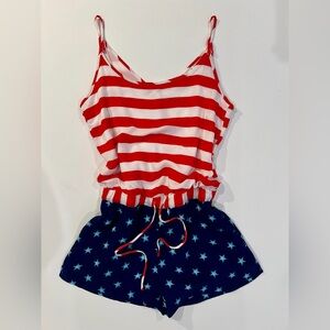 Tipsy Elves American Flag Red and White Striped Jumpsuit Blue Starry Bottom XS